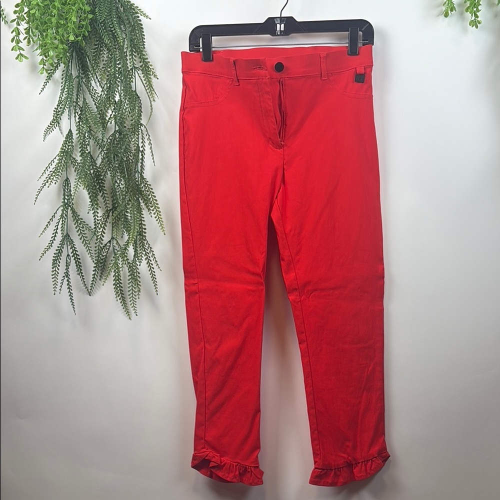Vibrant Red Ruffle Hem Pants